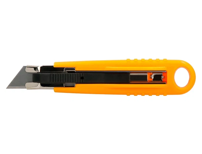 Q-connect XD-123 Cutter de Seguridad Retráctil con Asa para Colgar, Cuchilla Ancha 18 mm, Plástico Resistente, Amarillo, 1 Unidad