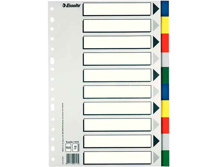 Esselte Separadores de Plástico DIN A4 Multitaladro Juego de 10 con 5 Colores