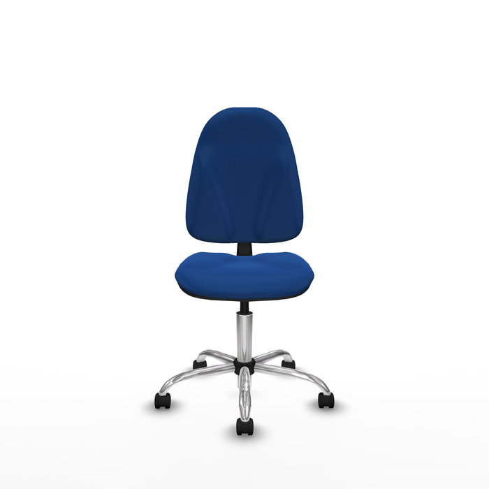 Silla de oficina Algarra con mecanismo Contacto permanente básico tapizada con Similpiel color Azul. Equipada con Base cromada, Sin brazos y Ruedas de nailon 50 mm