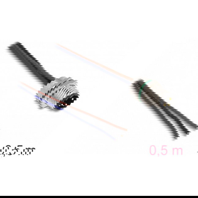 DeLOCK Cable Einbaukabel M8 A-Kodiert, Conector Macho 3 Pines para Panel, Cable Abierto, Montaje Frontal, 0.5 m, Negro, TPU, -25 a 85 grados C