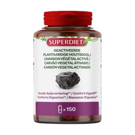 SUPERDIET Carbón Vegetal Activado 150 Cápsulas - 1200 mg por 6 Cápsulas, Absorbe Gases y Toxinas Intestinales