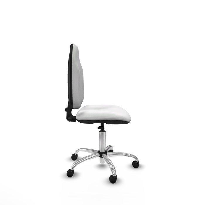 Silla de oficina Algarra con mecanismo Contacto permanente básico tapizada con Tela color Blanco. Equipada con Base cromada, Sin brazos y Ruedas autofrenantes