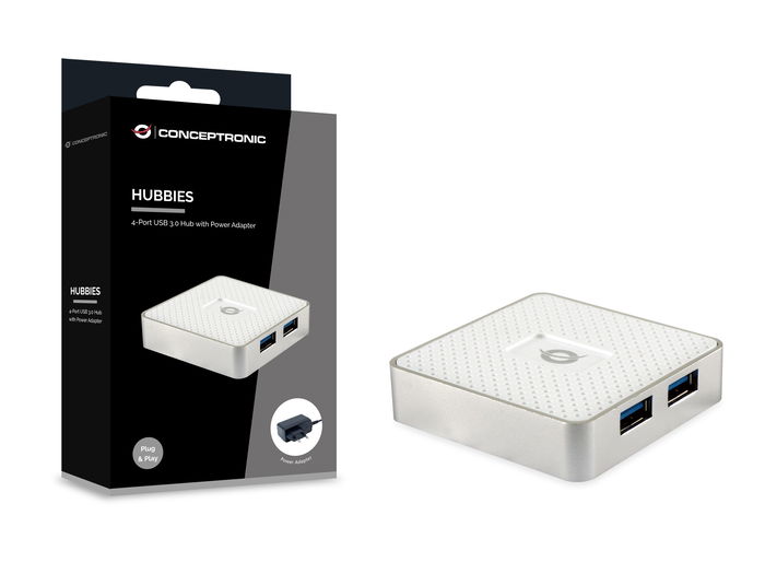 Conceptronic Hubbies03 Hub USB 3.0 de 4 Puertos con Cable Desmontable y Alimentación Externa para PC y Portátil (Windows 10/8/7/XP)