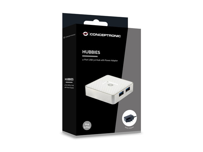 Conceptronic Hubbies03 Hub USB 3.0 de 4 Puertos con Cable Desmontable y Alimentación Externa para PC y Portátil (Windows 10/8/7/XP)