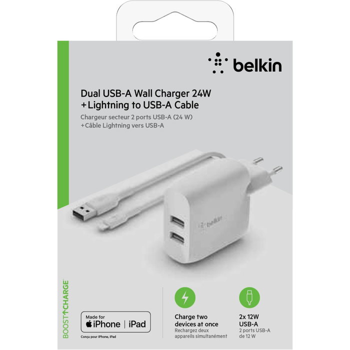 Belkin Cargador Duo 24W con 2 puertos USB-A y cable Lightning de 1m Blanco