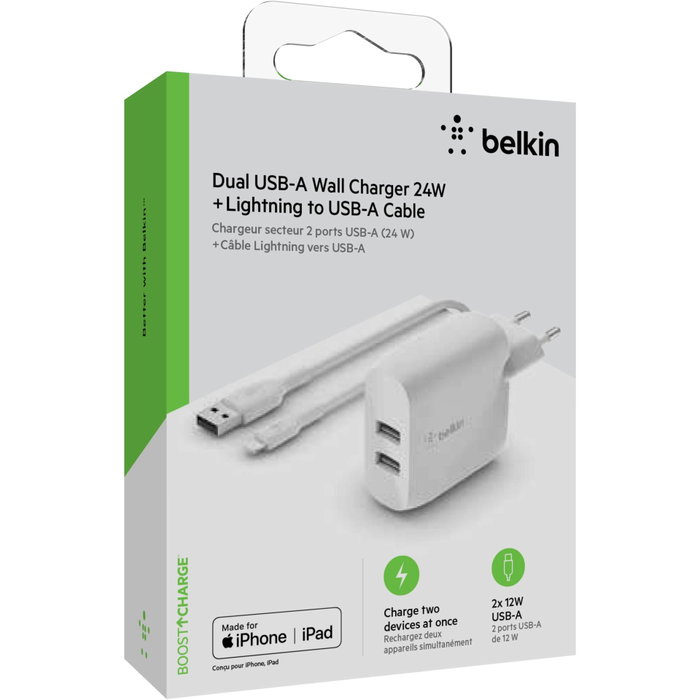 Belkin Cargador Duo 24W con 2 puertos USB-A y cable Lightning de 1m Blanco