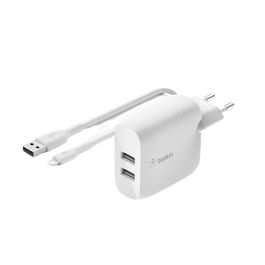 Belkin WCD001VF1MWH Cargador de pared USB 24W dual (2 puertos) con cable Lightning 1m incluido, color blanco