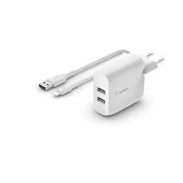 Belkin WCD001VF1MWH Cargador Doble USB-A 24W con Cable Lightning USB-A 1m Blanco para iPhone 11 Pro Max, XR, 8, iPad Pro - BoostCharge