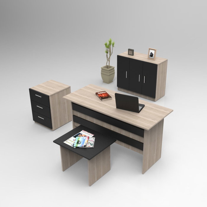 Hanah Home Vo12-Ob Conjunto Muebles Oficina Roble y Negro, Tablero Partículas Melamina, Mesa Estudio 140cm, Elegancia y Sofisticación para su Espacio de Trabajo Moderno