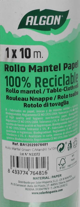 Algon Rollo Mantel Green C/Mandril 100 cm x 1 m (12 Unidades)
