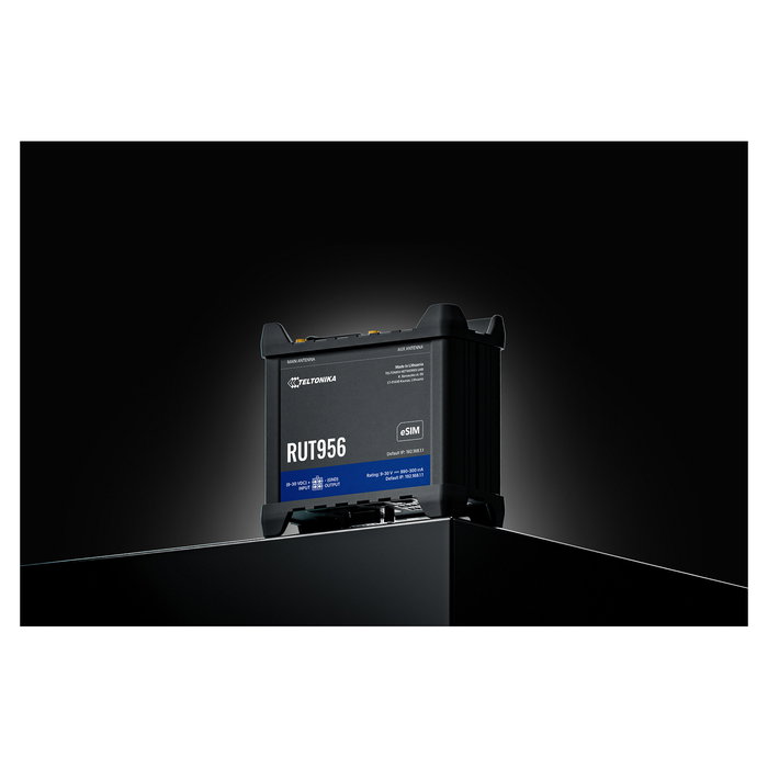 Teltonika RUT956 Router LTE con eSIM, WLAN, GNSS, 4 Puertos LAN, Industrial, para Carril DIN, Carcasa de Aluminio, Negro
