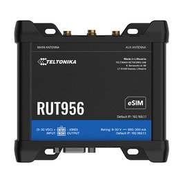 Teltonika RUT956 Router LTE con eSIM, WLAN, GNSS, 4 Puertos LAN, Industrial, para Carril DIN, Carcasa de Aluminio, Negro