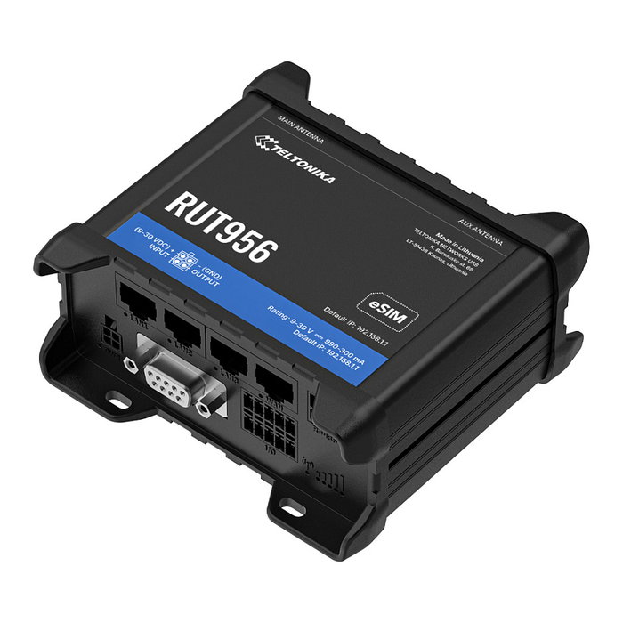 Teltonika RUT956 Router LTE con eSIM, WLAN, GNSS, 4 Puertos LAN, Industrial, para Carril DIN, Carcasa de Aluminio, Negro