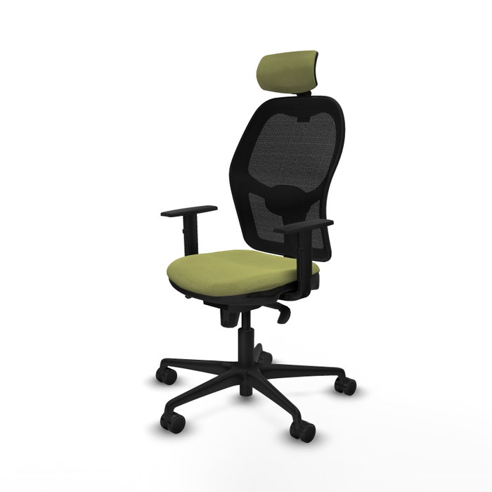Silla de oficina Jorquera con mecanismo Sincro tapizada con Tela color Verde oliva y malla color Negro. Equipada con lumbar 1D, Brazos 1D, Cabecero 2D y Ruedas 65mm nailon