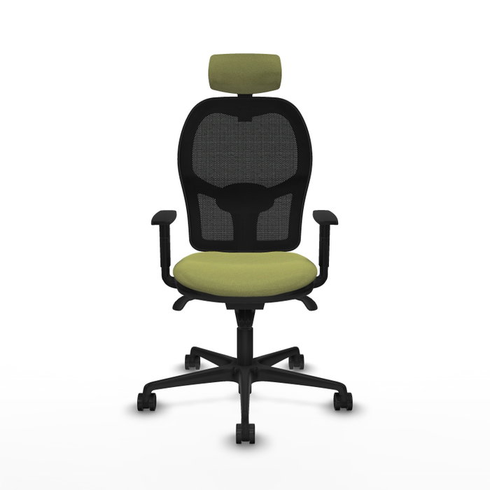Silla de oficina Jorquera con mecanismo Sincro tapizada con Tela color Verde oliva y malla color Negro. Equipada con lumbar 1D, Brazos 1D, Cabecero 2D y Ruedas 65mm nailon