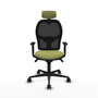 Silla de oficina Jorquera con mecanismo Sincro tapizada con Tela color Verde oliva y malla color Negro. Equipada con lumbar 1D, Brazos 1D, Cabecero 2D y Ruedas 65mm nailon