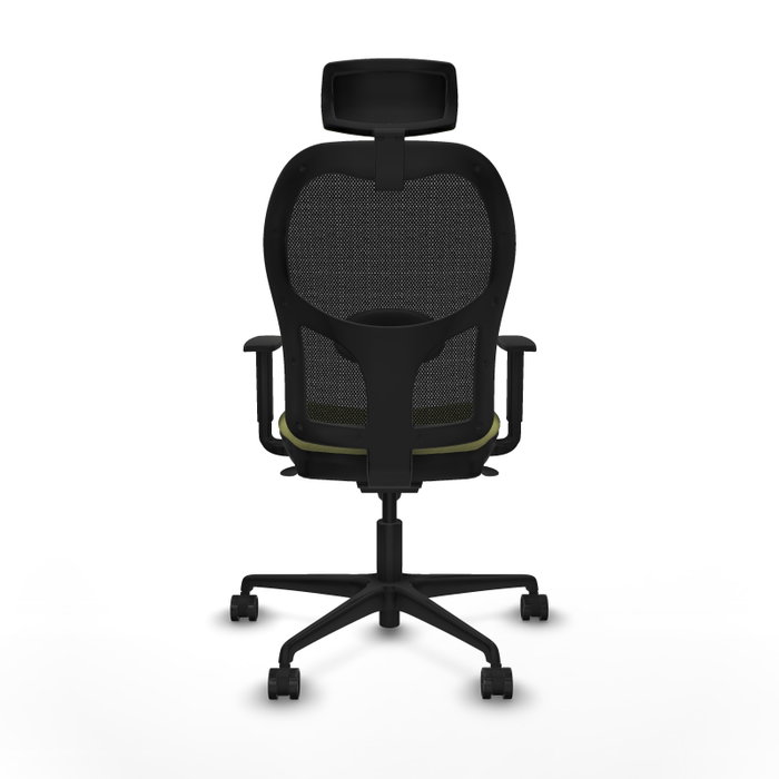 Silla de oficina Jorquera con mecanismo Sincro tapizada con Tela color Verde oliva y malla color Negro. Equipada con lumbar 1D, Brazos 1D, Cabecero 2D y Ruedas 65mm nailon