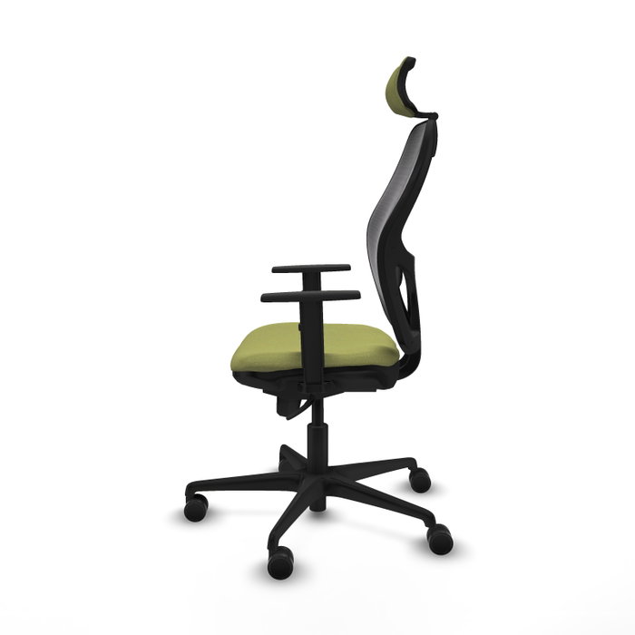 Silla de oficina Jorquera con mecanismo Sincro tapizada con Tela color Verde oliva y malla color Negro. Equipada con lumbar 1D, Brazos 1D, Cabecero 2D y Ruedas 65mm nailon