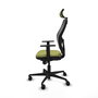 Silla de oficina Jorquera con mecanismo Sincro tapizada con Tela color Verde oliva y malla color Negro. Equipada con lumbar 1D, Brazos 1D, Cabecero 2D y Ruedas 65mm nailon