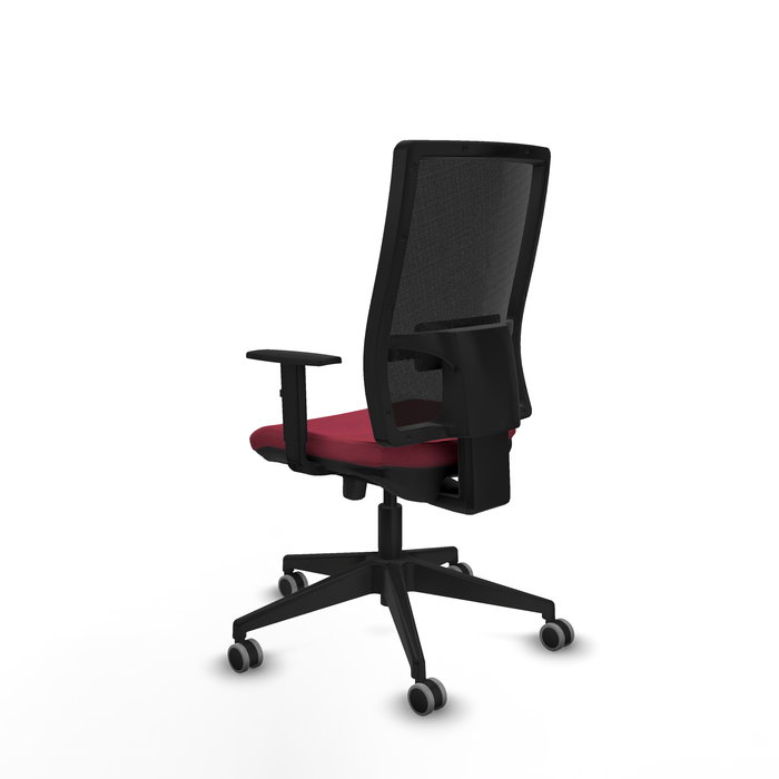 Silla de oficina Horna con mecanismo Sincro/Traslack tapizada con Tela color Granate y malla color Negro. Equipada con lumbar 1D, Brazos 1D y Ruedas 65 mm parqué
