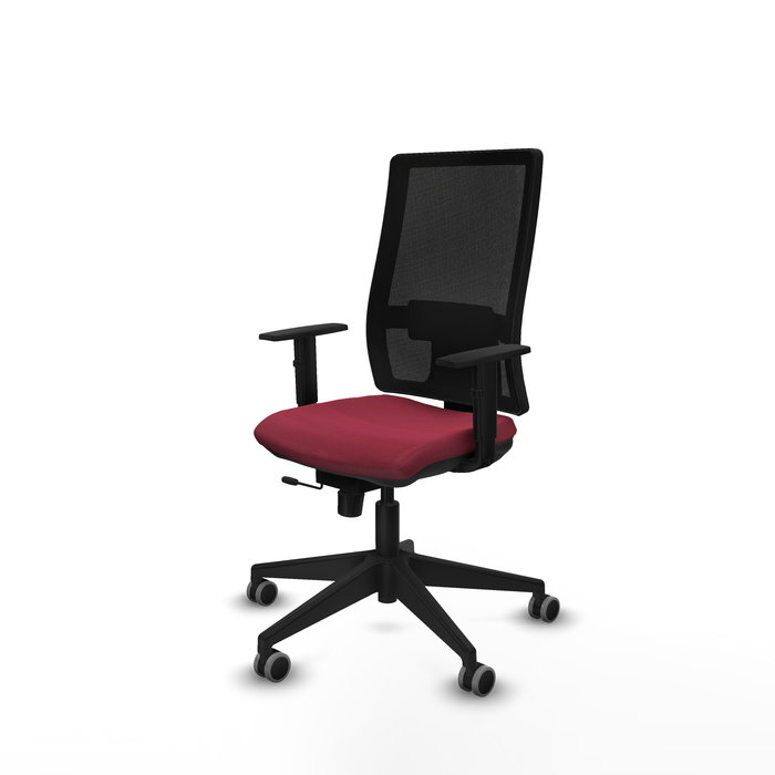 Silla de oficina Horna con mecanismo Sincro/Traslack tapizada con Tela color Granate y malla color Negro. Equipada con lumbar 1D, Brazos 1D y Ruedas 65 mm parqué