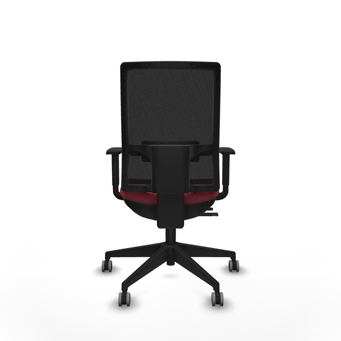 Silla de oficina Horna con mecanismo Sincro/Traslack tapizada con Tela color Granate y malla color Negro. Equipada con lumbar 1D, Brazos 1D y Ruedas 65 mm parqué