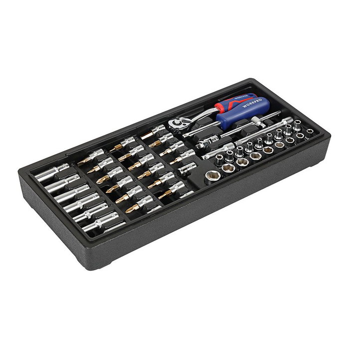 Workpro Juego de Herramientas de 50 Piezas - Llave de Carraca 1/4" 72 Dientes, Vasos Hexagonales y Torx, Puntas Destornillador, Extensiones y Accesorios