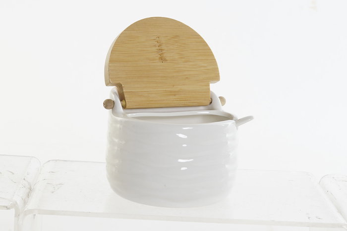 DKD Home Decor Azucarero Basicos Porcelana Bambu Blanco Natural 9 x 9.2 x 10.5 cm (4 Unidades)