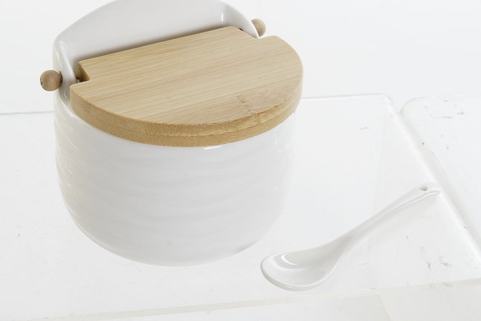DKD Home Decor Azucarero Basicos Porcelana Bambu Blanco Natural 9 x 9.2 x 10.5 cm (4 Unidades)