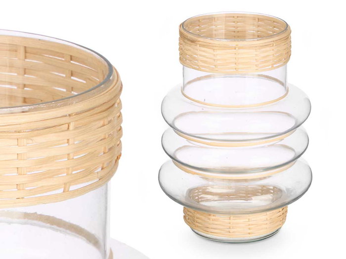 Giftdecor Portavela Aros Pequeño Vidrio y Rattan 18x18x24 cm (Set de 6)