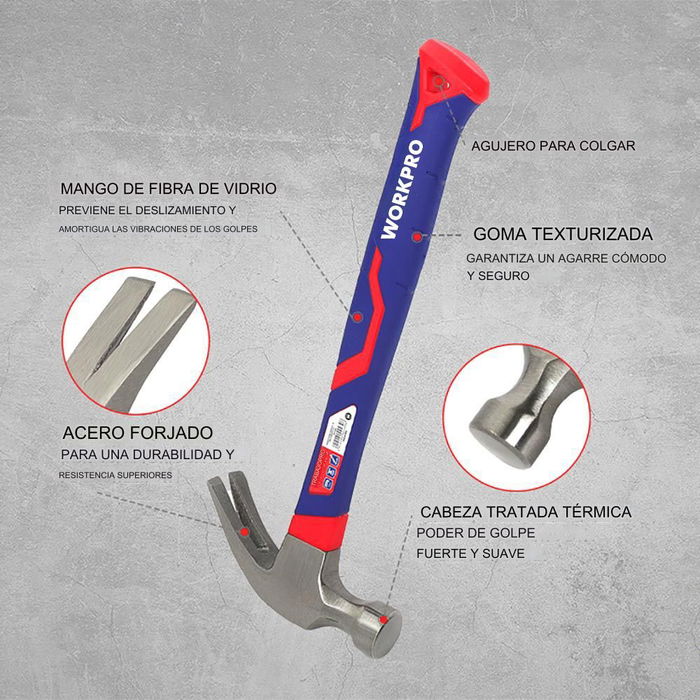 Workpro Martillo de carpintero 450 g Mango de fibra de vidrio