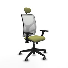 Silla de oficina Motilla con mecanismo Sincro tapizada con Tela color Verde oliva y malla color Blanco. Equipada con lumbar 1D, Brazos 3D, Cabecero Fijo y Ruedas 65 mm parqué