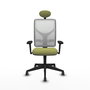 Silla de oficina Motilla con mecanismo Sincro tapizada con Tela color Verde oliva y malla color Blanco. Equipada con lumbar 1D, Brazos 3D, Cabecero Fijo y Ruedas 65 mm parqué