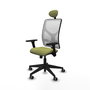 Silla de oficina Motilla con mecanismo Sincro tapizada con Tela color Verde oliva y malla color Blanco. Equipada con lumbar 1D, Brazos 3D, Cabecero Fijo y Ruedas 65 mm parqué