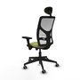 Silla de oficina Motilla con mecanismo Sincro tapizada con Tela color Verde oliva y malla color Blanco. Equipada con lumbar 1D, Brazos 3D, Cabecero Fijo y Ruedas 65 mm parqué