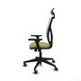 Silla de oficina Motilla con mecanismo Sincro tapizada con Tela color Verde oliva y malla color Blanco. Equipada con lumbar 1D, Brazos 3D, Cabecero Fijo y Ruedas 65 mm parqué
