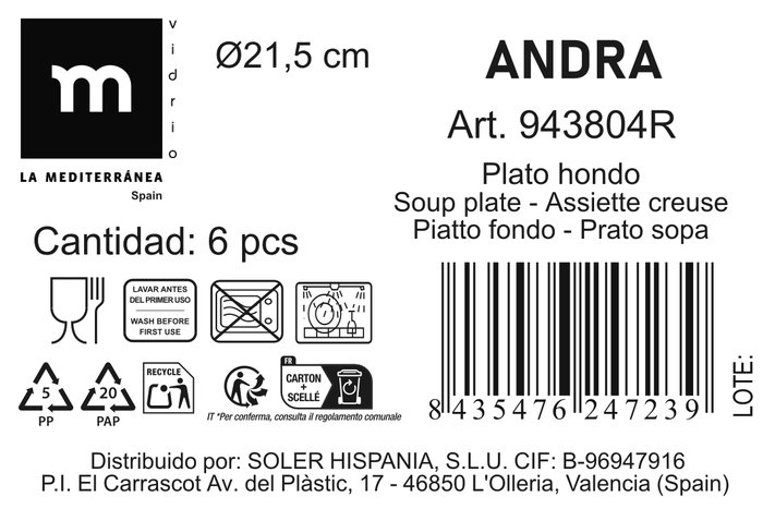La Mediterranea Plato Hondo Andra Ø 21.5 cm (24 Unidades)