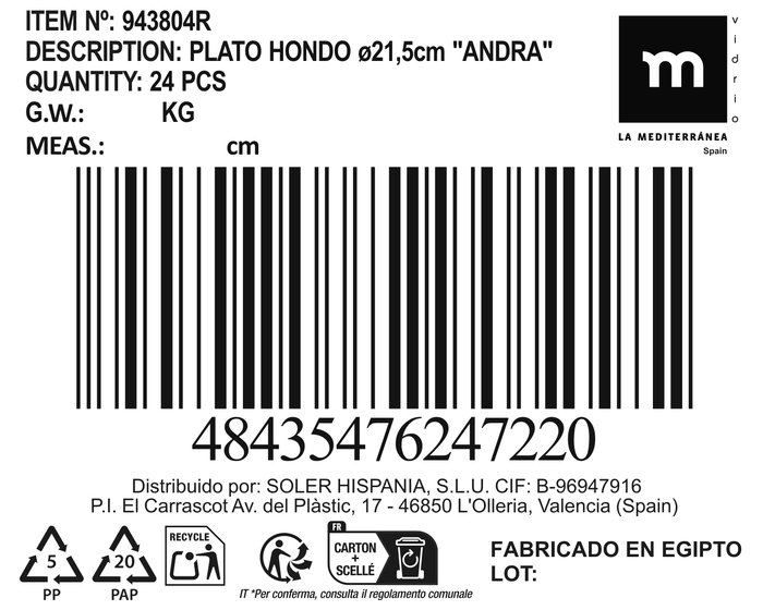 La Mediterranea Plato Hondo Andra Ø 21.5 cm (24 Unidades)