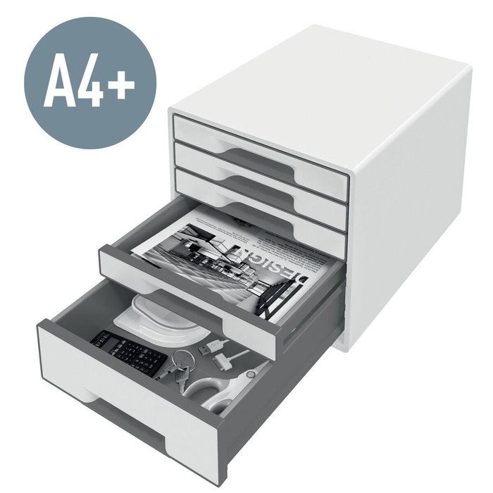 Leitz WOW Desk Cube Fichero de cajones con 1 cajón grande y 4 pequeños, Blanco/negro