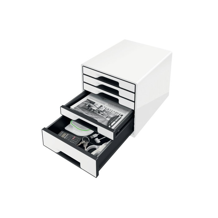 Leitz WOW Desk Cube Fichero de cajones con 1 cajón grande y 4 pequeños, Blanco/negro