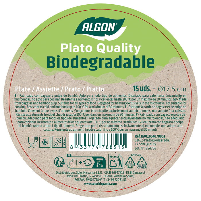 Algon Set de 24 Platos Biodegradables de 17.5 cm Quali