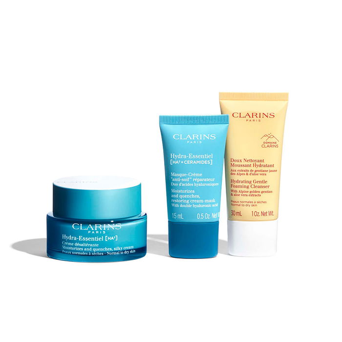 Clarins Set Crema Hidratante Hydra-Essentiel Facial - 3 Piezas: Crema 50 ml, Mascarilla y Limpiador - Hidratación Intensa y Luminosidad