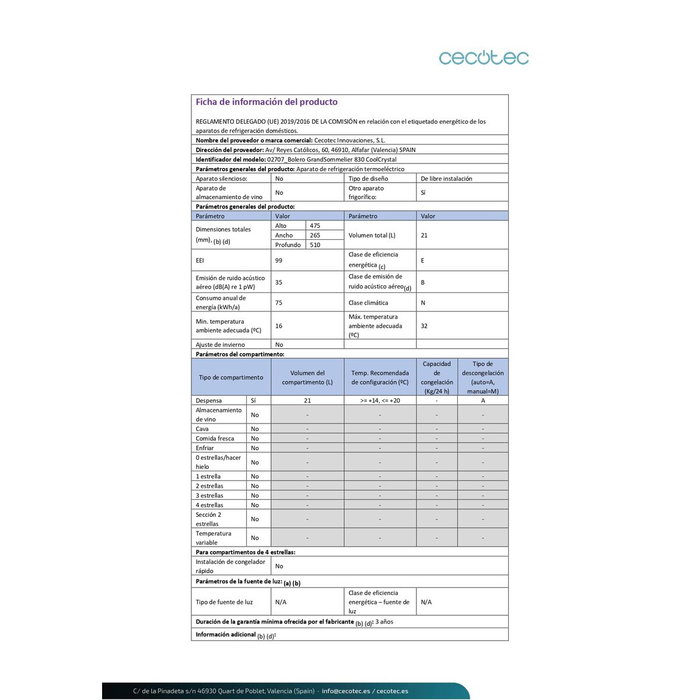 Vinoteca Cecotec Bolero GrandSommelier 830 CoolCrystal