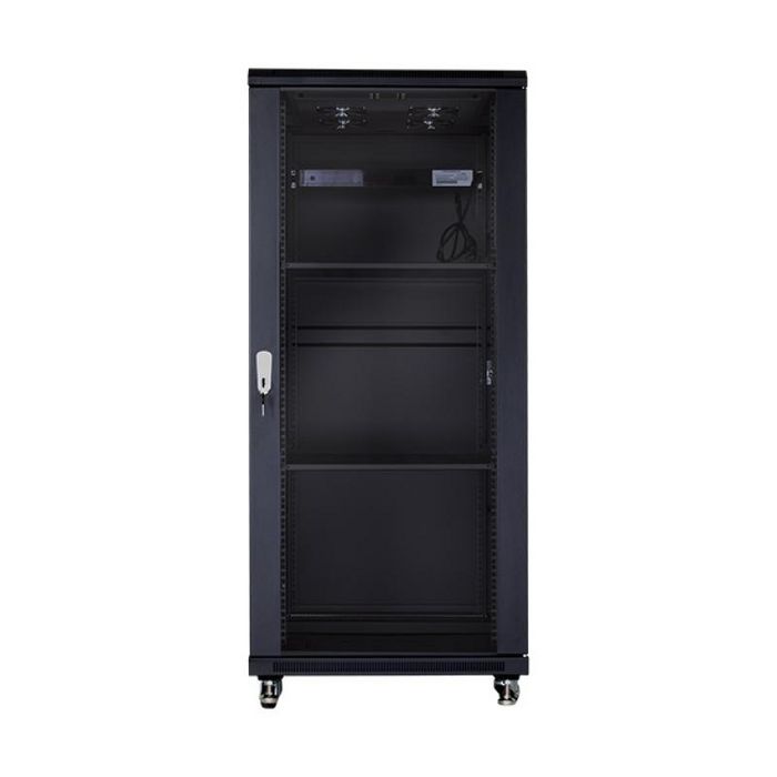 MicroConnect Armario Rack 19 Pulgadas 27HU, Ancho y Fondo 600x600 mm, Color Negro RAL 9004, con Puerta Frontal de Cristal y Ruedas