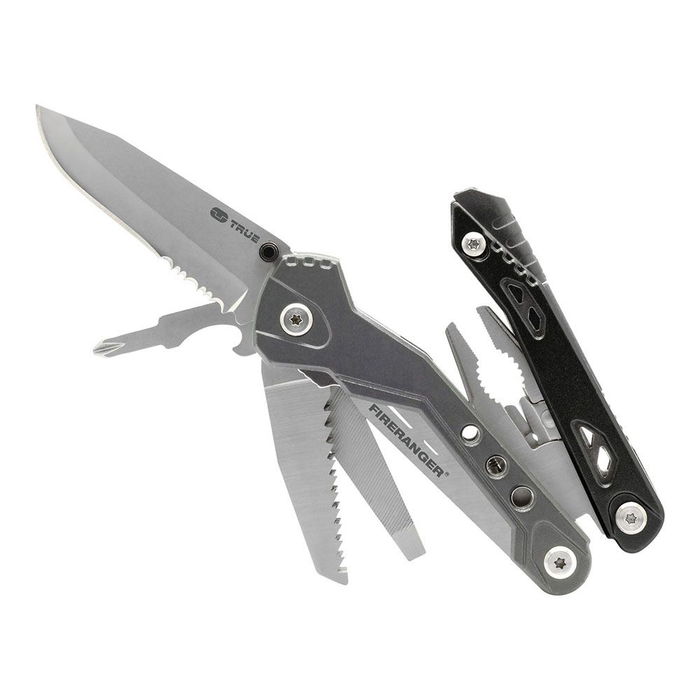 True Multiherramienta Outdoor Supervivencia con Navaja Dentada 70mm, Sierra 50mm, Alicates, Silbato y Bolsa - Multiherramientas