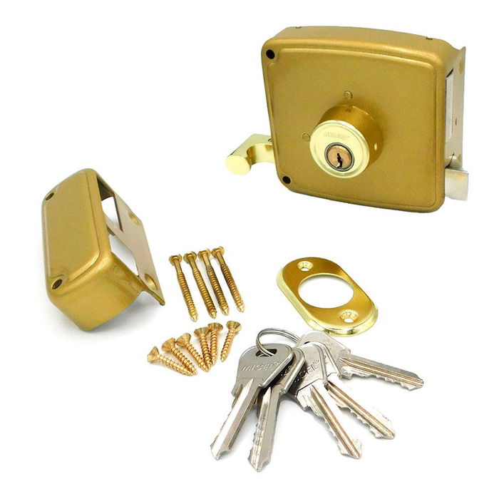 Micel Cerradura de Sobreponer CRS02 Mano Izquierda 60x120 mm Pintado Oro Acero - Incluye 5 Llaves Serreta, Palanca y Tirador