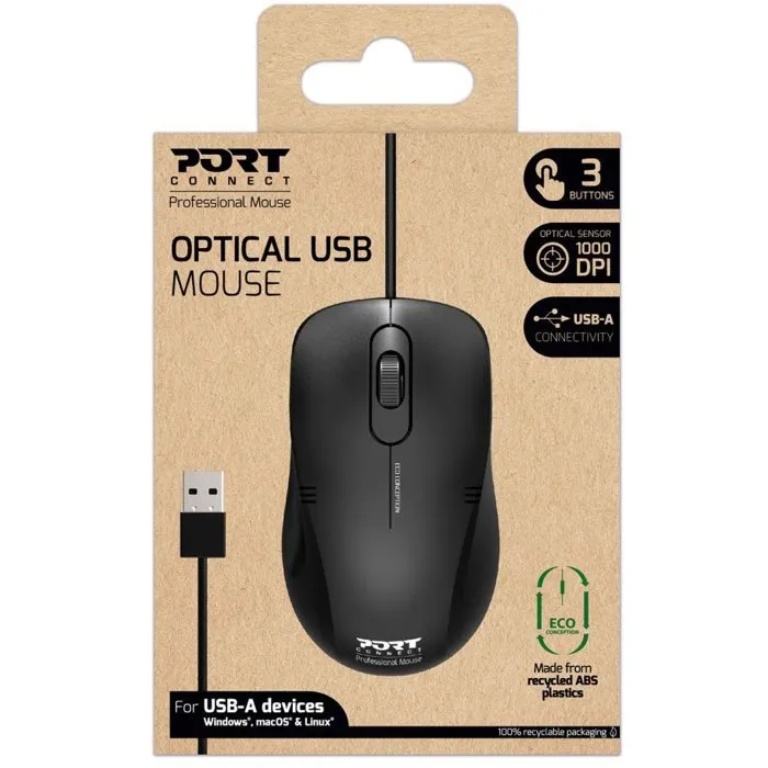 Port Designs Ratón de PC con cable, USB-A, Negro, Referencia 900400-PRO