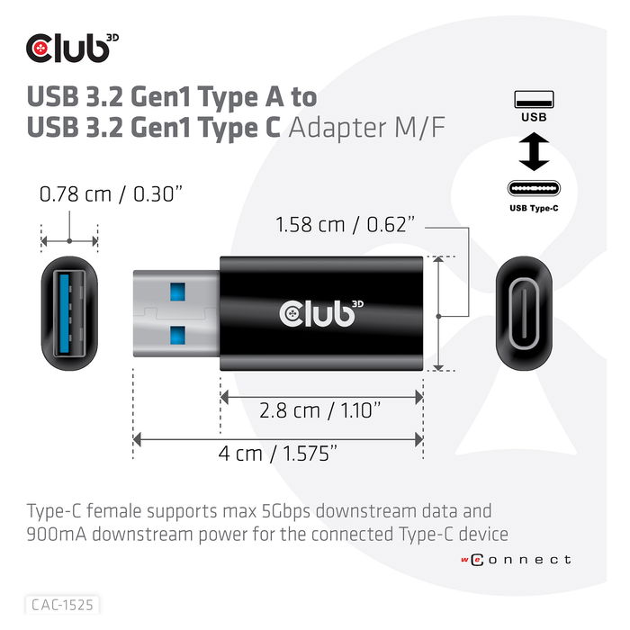 Club 3D CAC-1525 Adaptador USB 3.2 Gen 1 (3.1 Gen 1) Tipo A Macho a Tipo C Hembra Negro Club 3D CAC-1525 Adaptador USB 3.2 Gen 1 (3.1 Gen 1) Tipo A Macho a Tipo C Hembra Negro