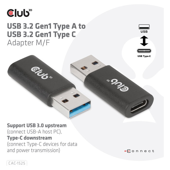CLUB-3D Adaptador USB 3.2 Gen 1 de Tipo A a Tipo C Negro