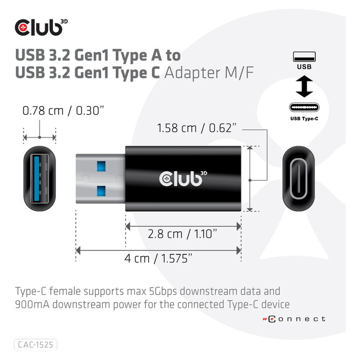 CLUB-3D Adaptador USB 3.2 Gen 1 de Tipo A a Tipo C Negro